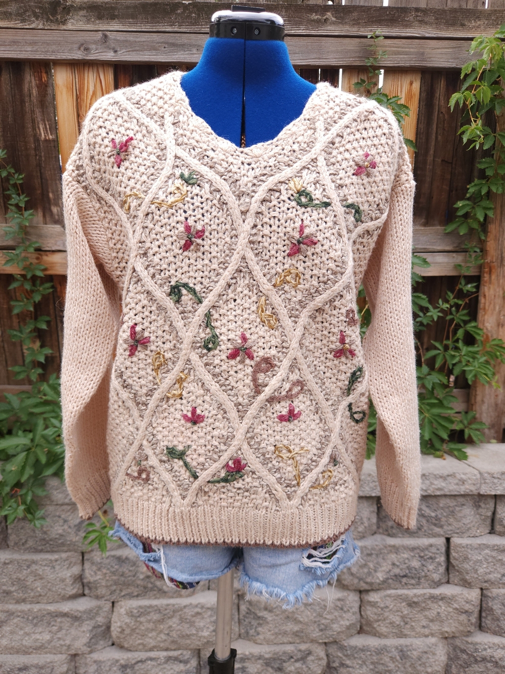 Vintage Huntington Ridge Hand Knit Sweater Floral Embroidered Cable Cottagecore